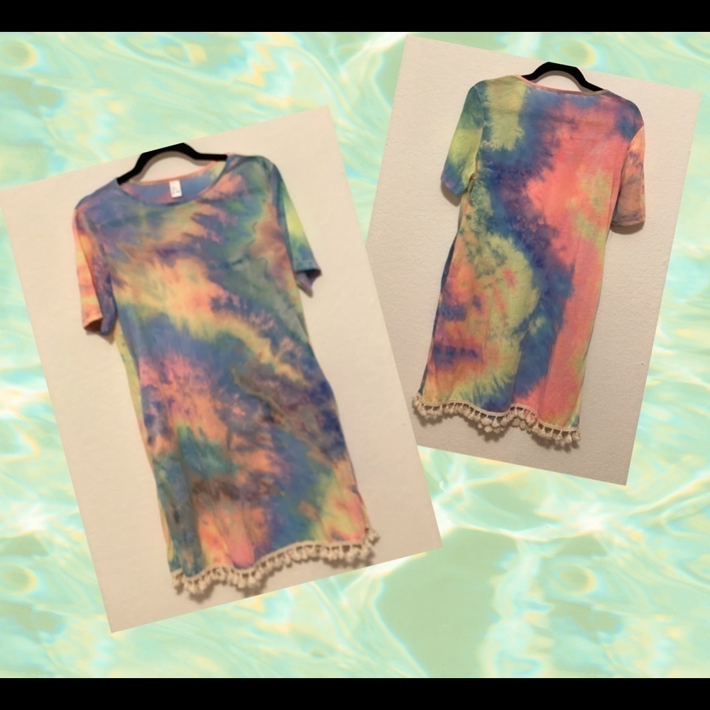 TIE dye tshirt dress/coverup 2 pockets & tassels L